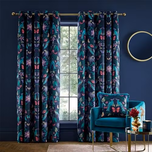 Catherine Lansfield Mya Tropical Floral Lined Eyelet Curtains, Navy Blue, Width: 168 cm, Drop: 229 cm