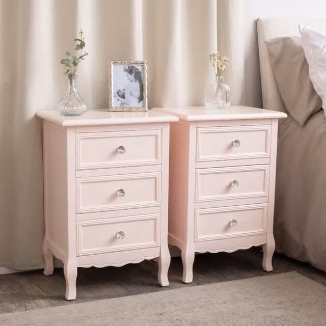 Melody Maison Sophia Pair of Pink 3 Drawer Bedside Tables in Pale Pink – 1