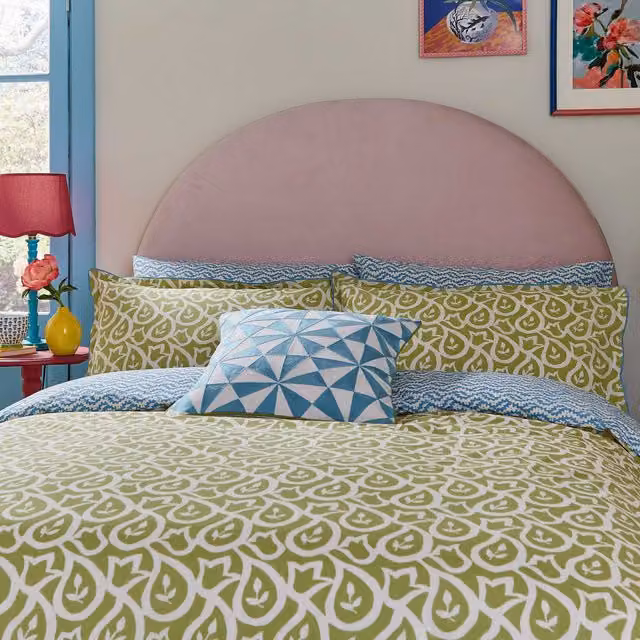 Land & Shore Corie Reversible Double Duvet Cover and Pillowcase Set, Green and Blue Floral Cotton, 140 x 200 cm