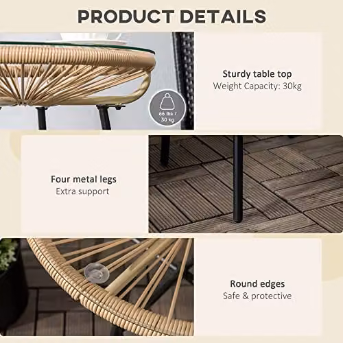 Outsunny Round PE Rattan Side Table with Tempered Glass Top in Beige, Black or Brown – 5