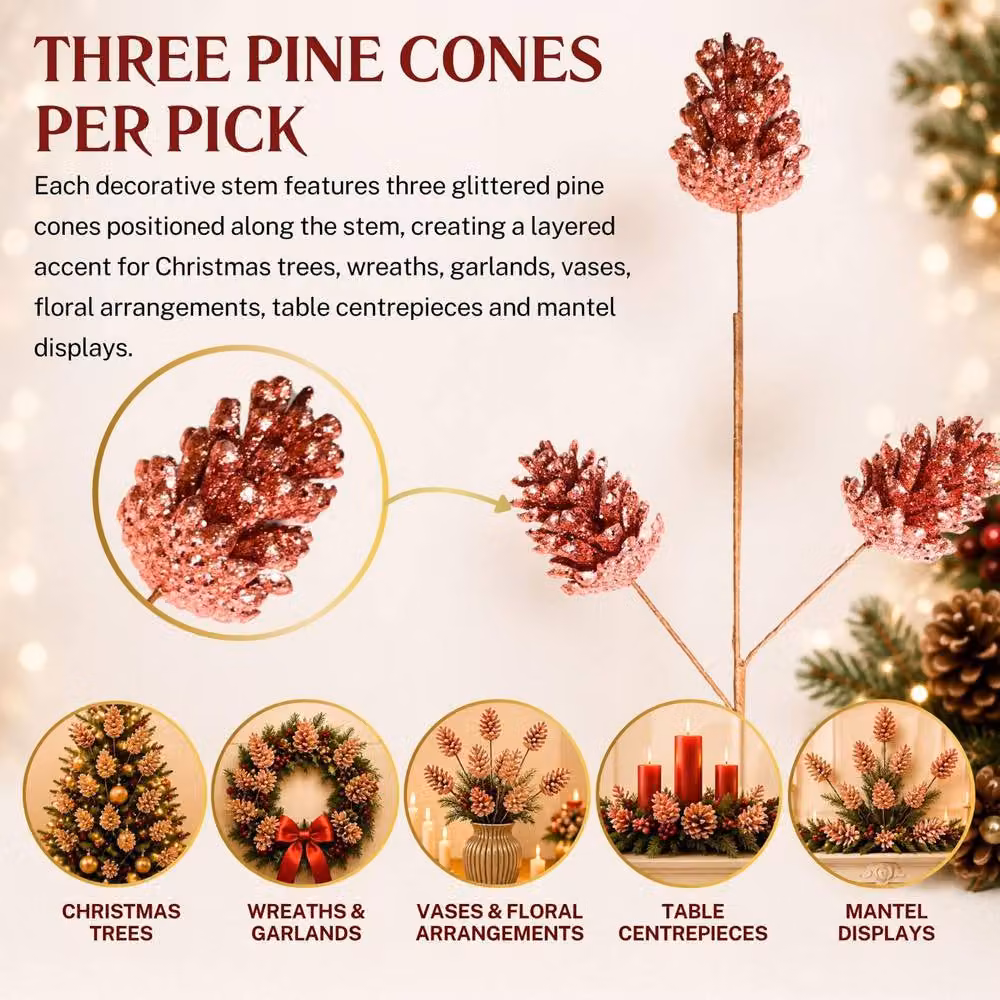 Shatchi Glitter Rose Gold Pine Cone Christmas Picks, 6 Pack, Height: 58 cm – 4