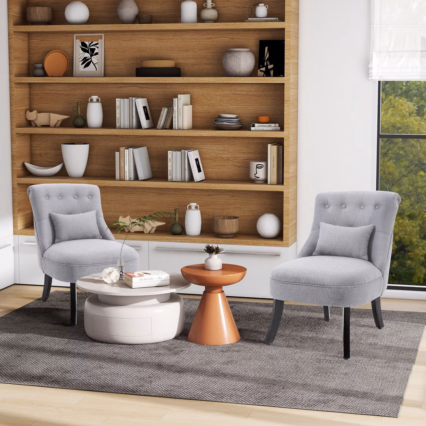 HOMCOM Set of 2 Grey Fabric Tub Chairs with Armrests and Metal Frame – 2