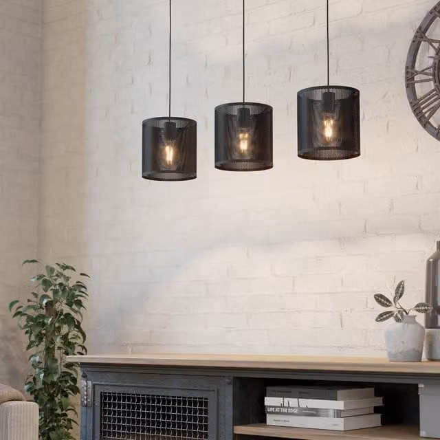 Eglo Manby Industrial 3 Light Pendant Light in Black Metal
