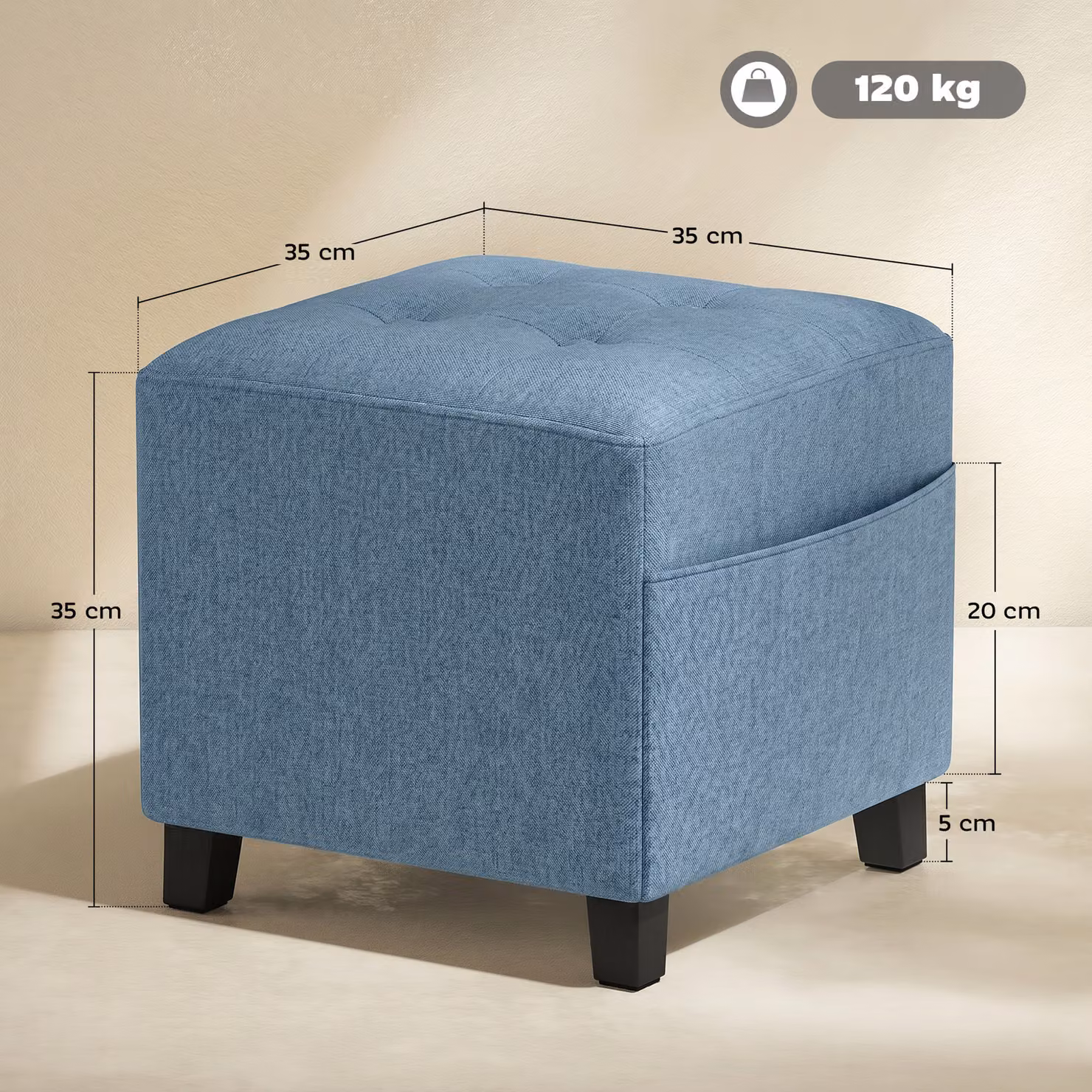 HOMCOM Small Square Ottoman Footstool with Side Pocket and Rubberwood Legs in Dark Blue – 3