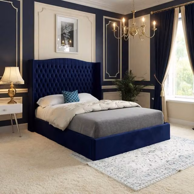 Casani Rowledge Winged Upholstered Blue Velvet Designer Bed Frame W/D/H: 137 x 120 x 200 cm