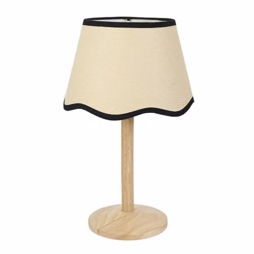 ValueLights Single Stem Natural Wood Table Lamp with Black Trim Scallop Shade and Included LED Bulb