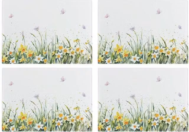 Purely Home Spring Daffodils Floral Glass Placemats, Set of 4, Green and Multicolour, Rectangular