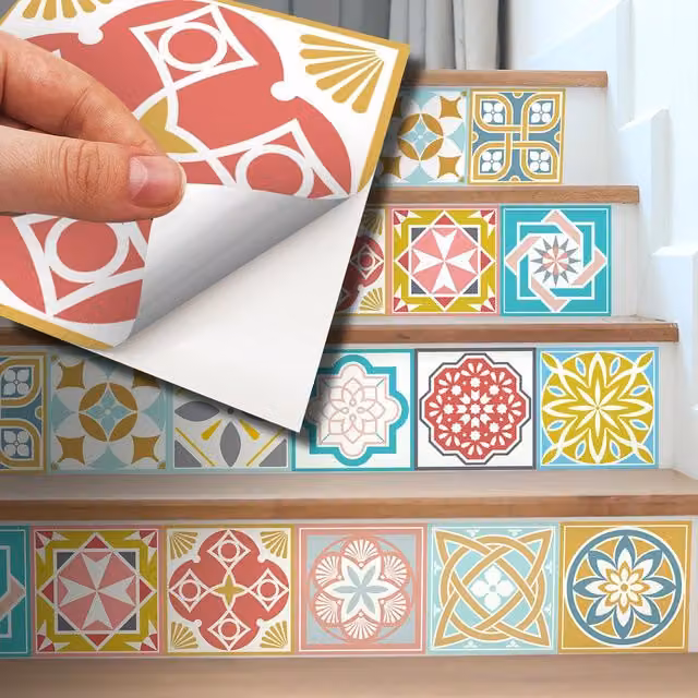 Walplus Wall Tile Stickers in Pink and Multicolour, 24 Pack, W: 15 cm, H: 15 cm, D: 15 cm