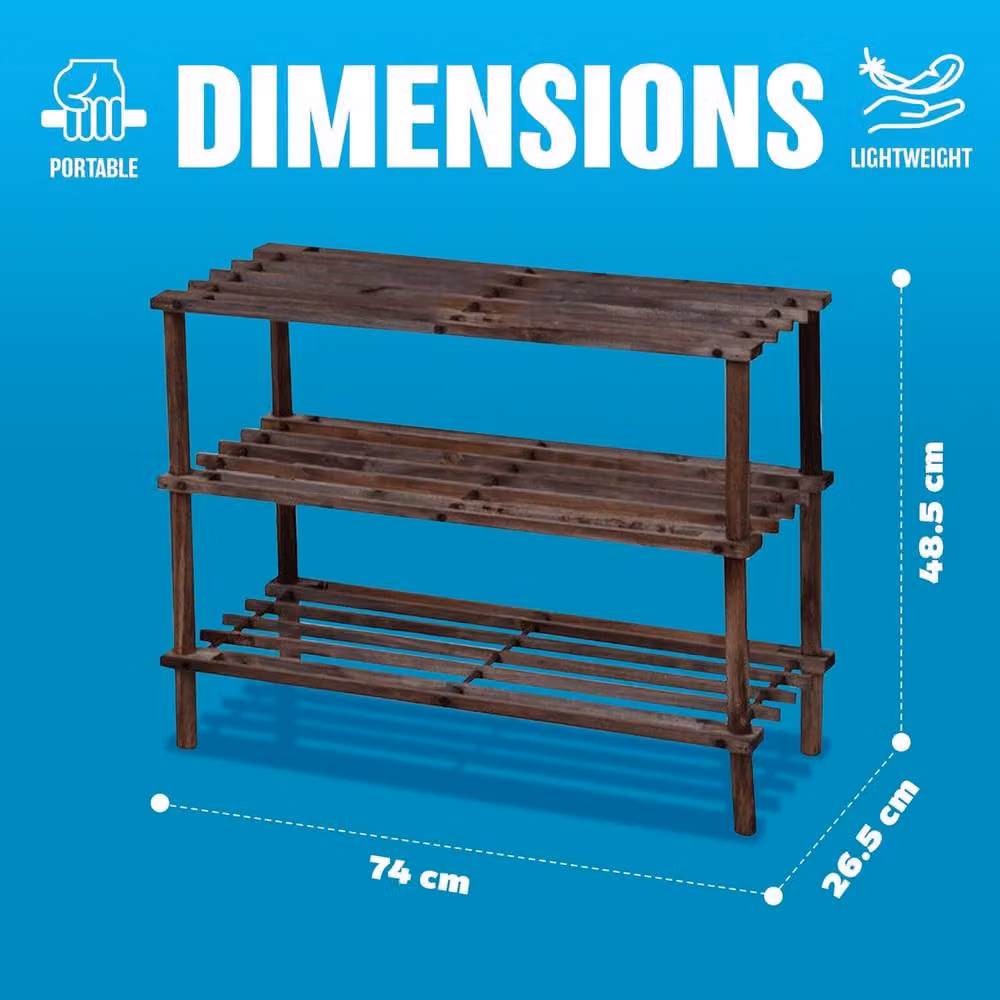 BARGAINS-GALORE 3 Tier Wooden Shoe Rack Footwear Storage Organiser in Dark Brown Oak, W/D/H: 74.0 x 26.5 x 48.5 cm – 3