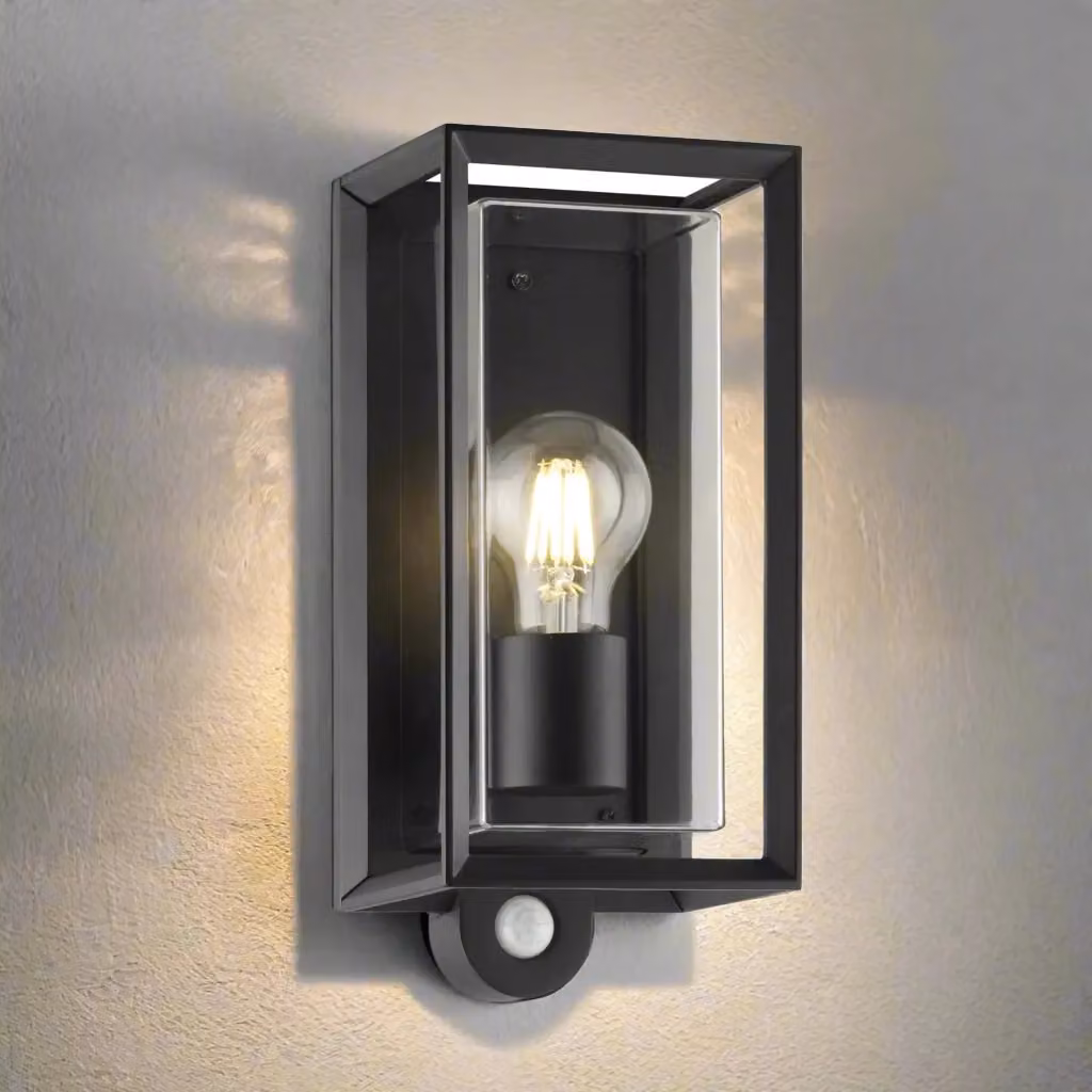 CGC Lighting Black Outdoor Wall Lantern with Transparent Diffuser, E27 Socket and PIR Motion Sensor, IP54 Rated – 3
