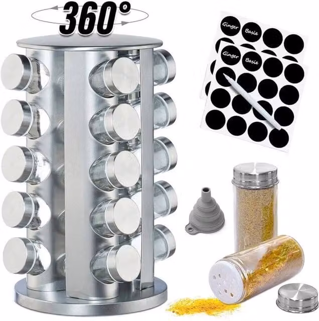 KORVIXA Stainless Steel Revolving Spice Rack Stand with 20 Jars in Silver, W/D/H: 100 x 100 x 100 cm