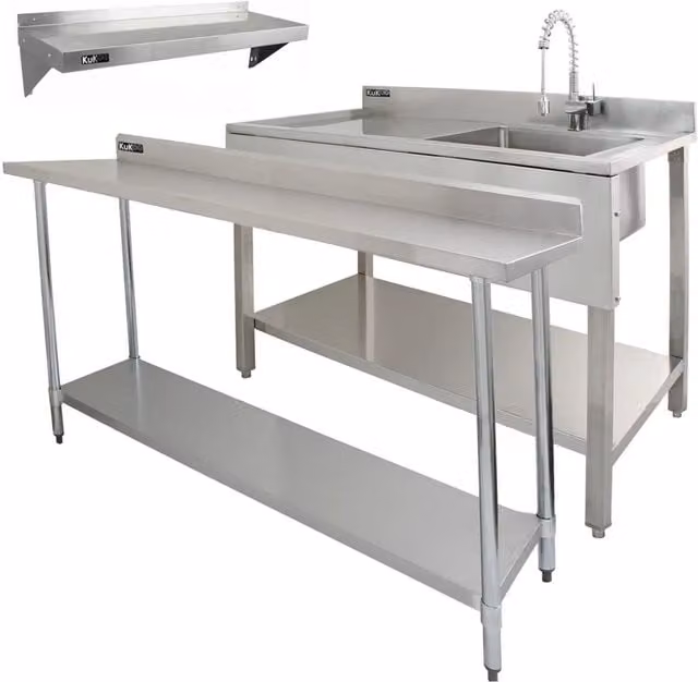 Monstershop 6ft Stainless Steel Catering Bench with Left Hand Sink in Silver, W: 182.88 cm, D: 105.0 cm, H: 82.88 cm