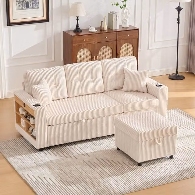 Rolipo Corduroy Sofa Bed with Storage, USB Charging and LED Lights in Beige – 1