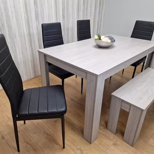 KOSY KOALA Modern Grey Dining Set with Rectangular Table, 4 Black Leather Chairs and Bench – 3
