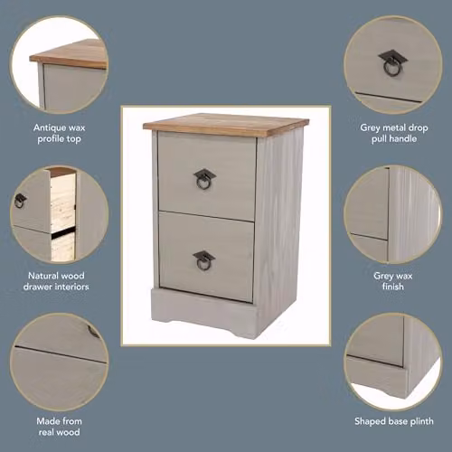 Core Products Corona Classic Pine 2 Drawer Compact Bedside Cabinet in Grey and Waxed Wood – 4