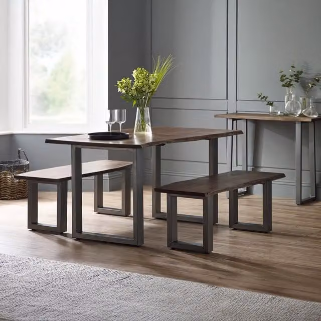 IH Design Modern Acacia Wood Dining Set with Rectangular Live Edge Table and 2 Benches in Grey and Light Brown