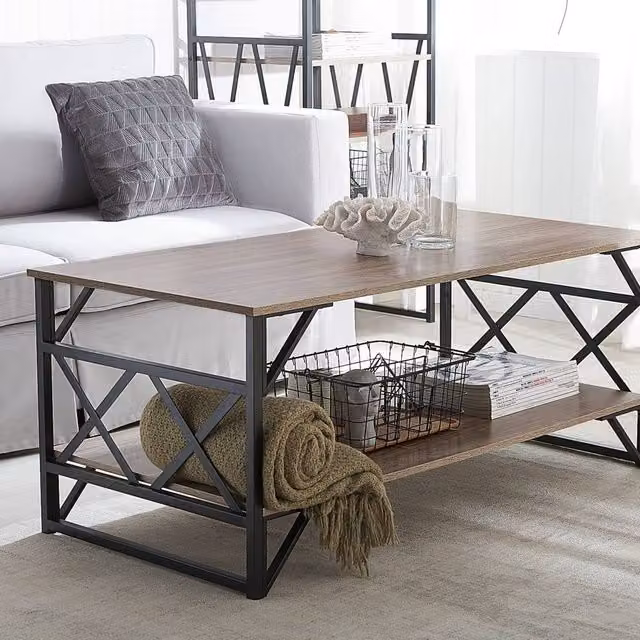 Wyld and Coco Industrial Coffee Table with Taupe Wood Veneer Top and Black Metal X-Frame, W: 120 cm, D: 61 cm, H: 51 cm – 1