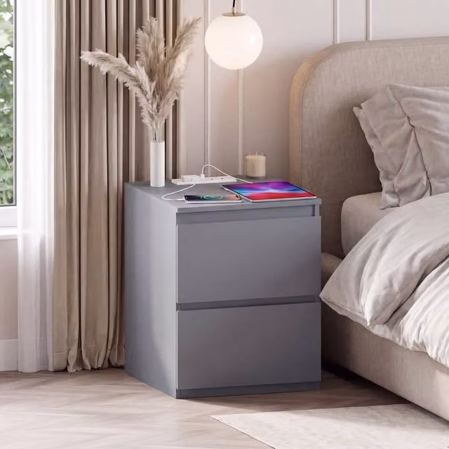 Vida Designs Denver 2 Drawer Large Bedside Chest with Power Outlet in Grey