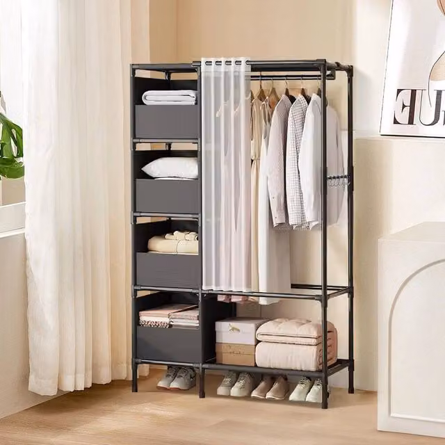 KORVIXA Black Matt Metal Freestanding Wardrobe with Hinged Doors and Hanging Rod