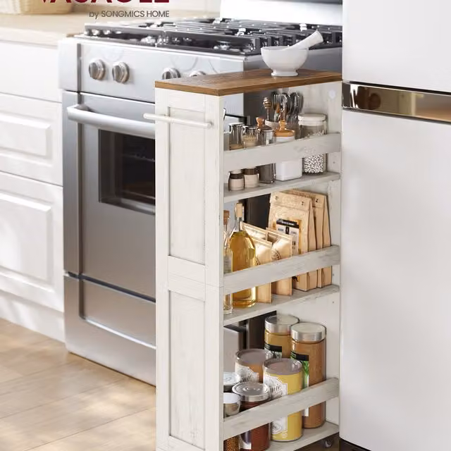 VASAGLE 4-Tier Slim Storage Trolley with Wheels, White and Brown, H 86.5 x W 43.2 x D 20 cm