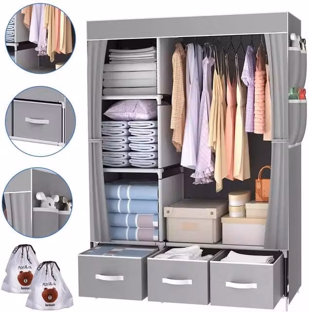 VOGREX Grey Canvas Wardrobe with Hanging Rail and Internal Shelving, W: 105 cm, D: 45 cm, H: 163 cm