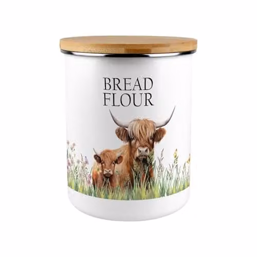 Purely Home Highland Cow and Calf Bread Flour Canister in White and Brown Enamel with Bamboo Lid