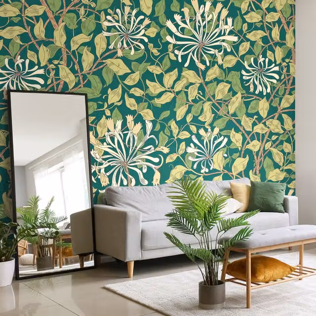 Origin Murals Honeysuckle Art Nouveau Floral Wall Mural in Green