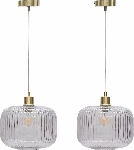 First Choice Lighting Batley Large Set of 2 Pendant Lights with Clear Ribbed Glass and Satin Brass Finish