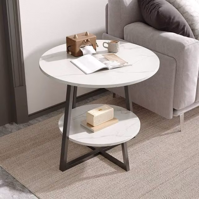 KORVIXA Round Marble Effect Side Table in White, Diameter: 48 cm, Height: 50 cm