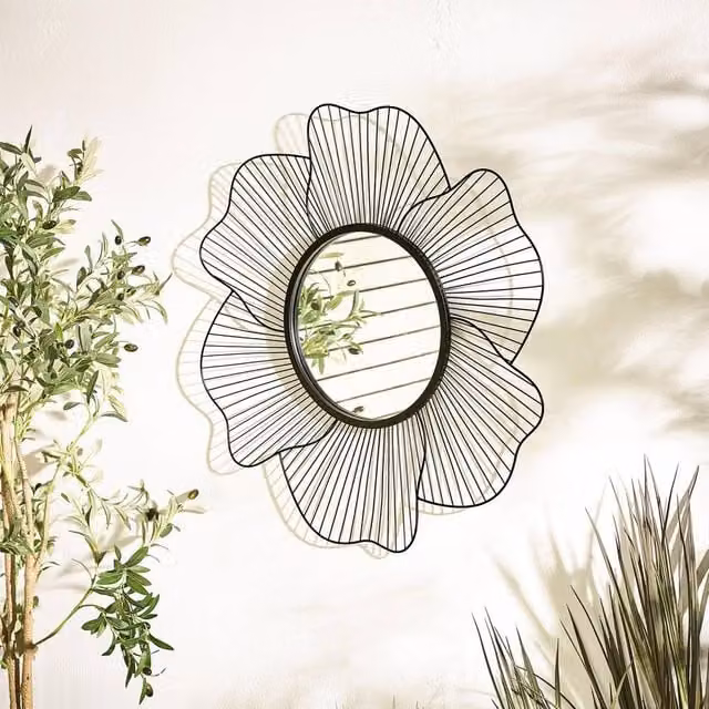 FurnitureboxUK Flora Medium Round Floral Garden Mirror in Black, Diameter: 80 cm