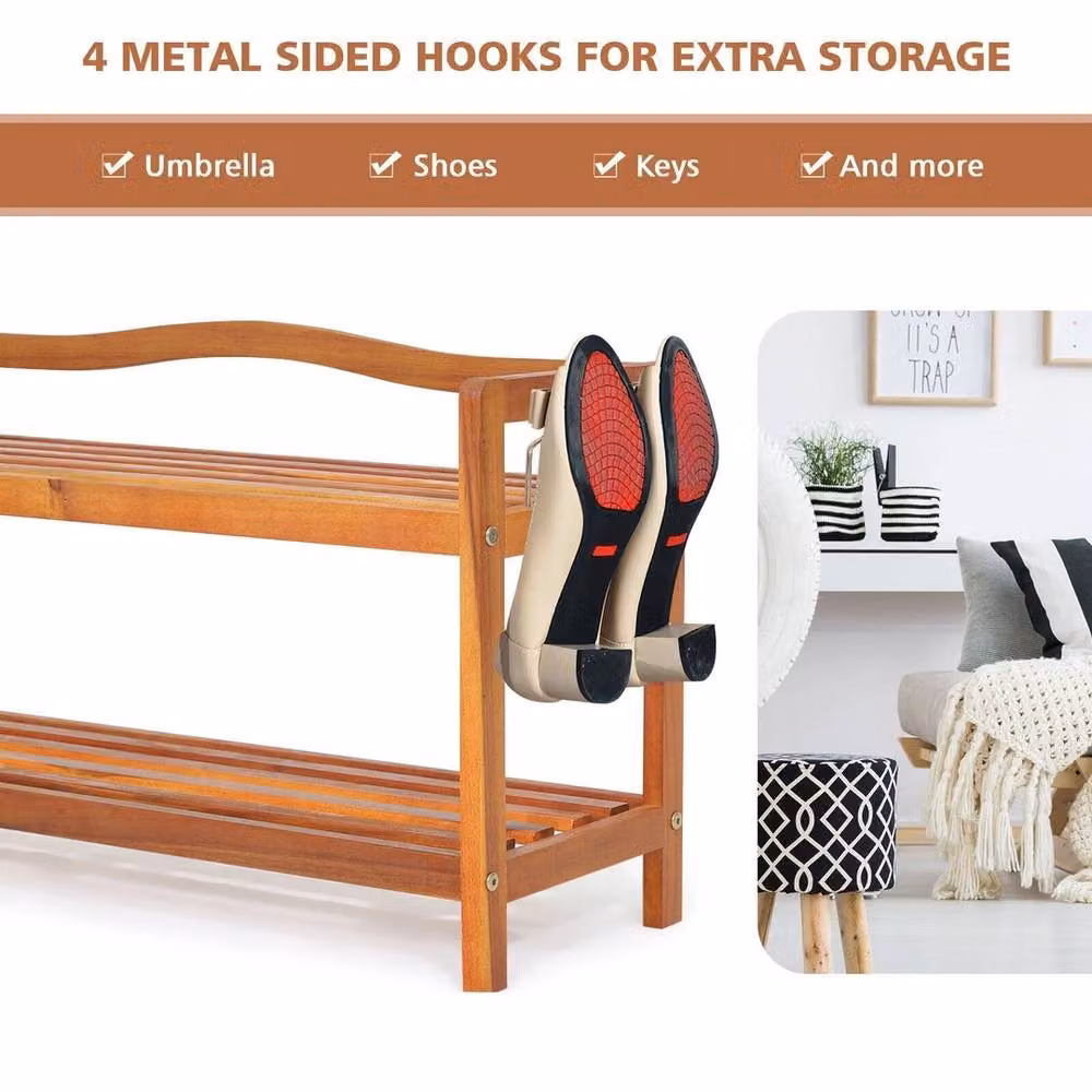 NESTLUNE 2-Tier Solid Acacia Wood Shoe Rack with Side Metal Hooks in Brown, W/D/H: 100 x 42 x 100 cm – 5