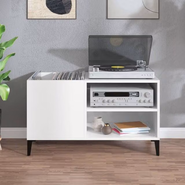 Berkfield Home Record Cabinet in High Gloss White, W/D/H: 84.5 x 38 x 48 cm