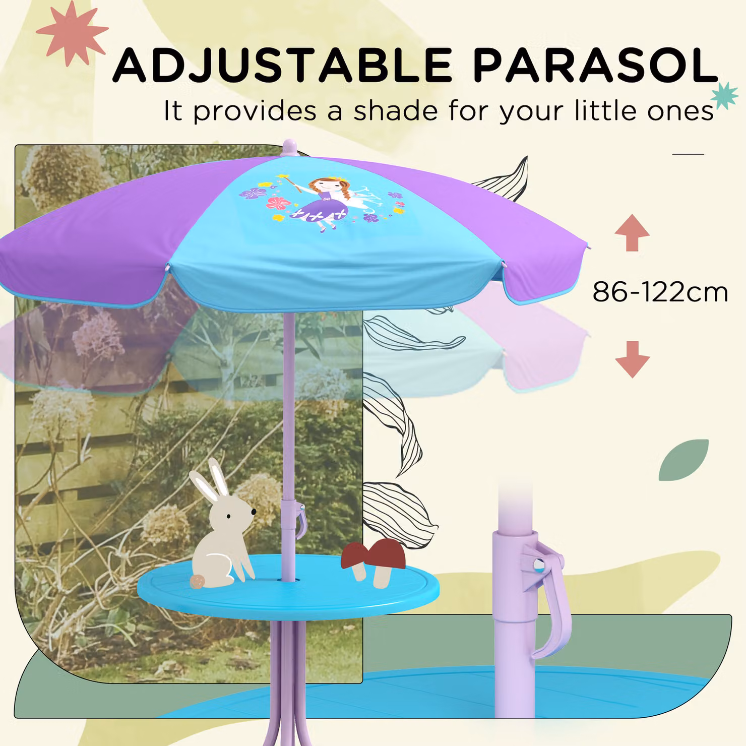 Outsunny Kids Fairy Themed Picnic Table and Chair Set with Foldable Chairs and Adjustable Parasol, Multicolour – 3