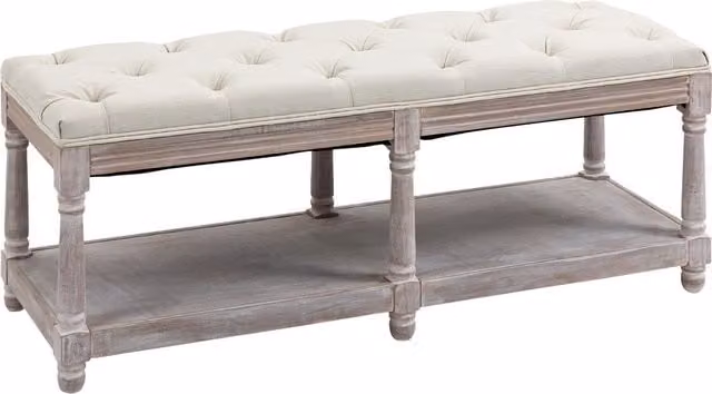 HOMCOM 2-Tier Vintage Bed End Bench with Storage Shelf and Button Tufted Upholstered Footstool, Cream White, W: 120 cm, D: 40 cm, H: 48 cm