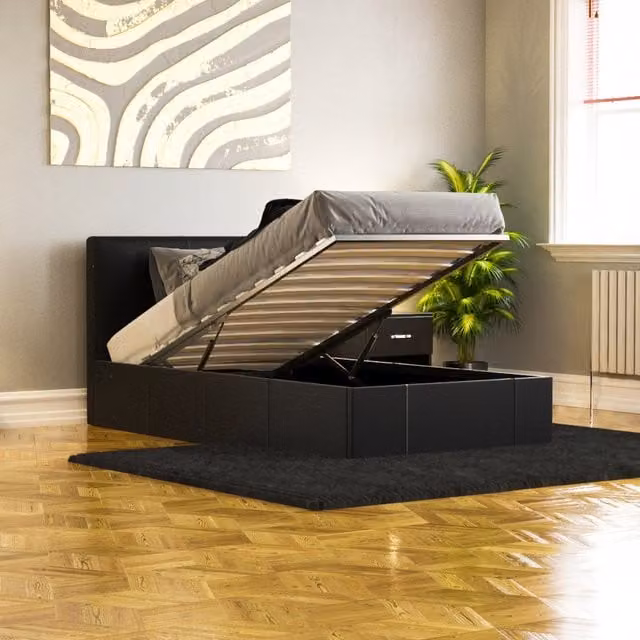 Vida Designs Lisbon Faux Leather Ottoman Bed in Black, Single, 90 x 200 cm