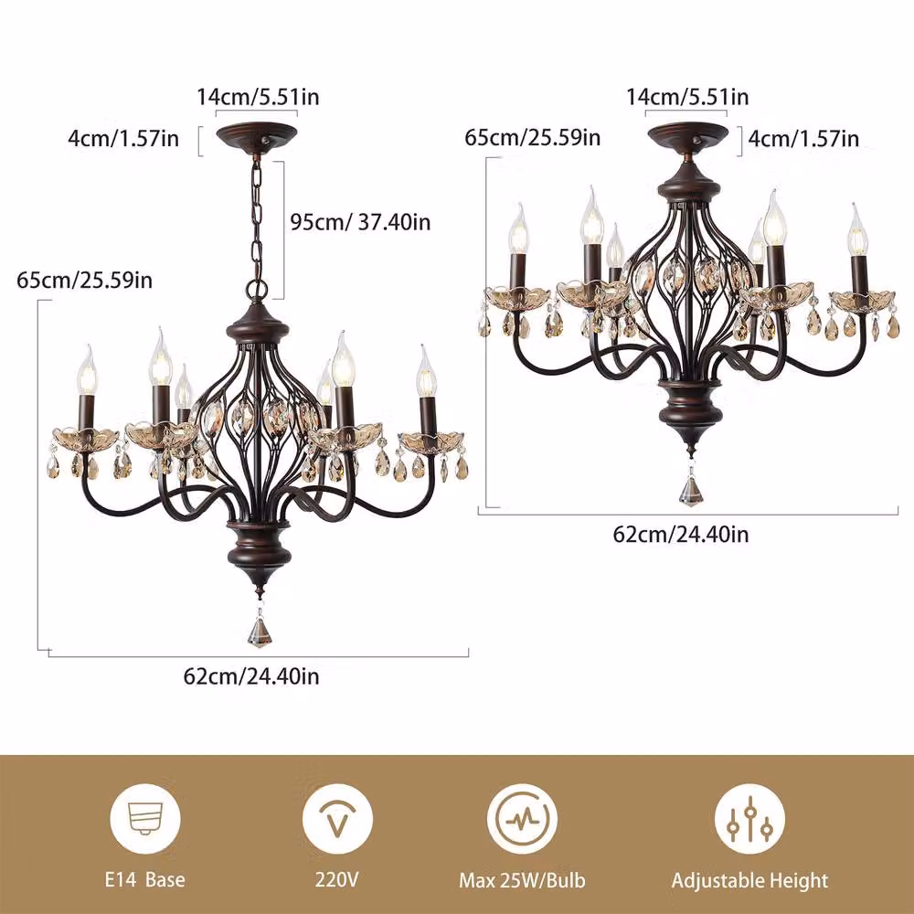 NIVOR 6-Light Vintage K9 Crystal Pendant Chandelier in Brown with Adjustable Height – 2