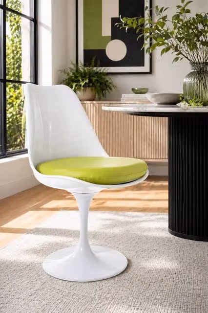 Fusion Living White Tulip Swivel Dining Chair with Green Synthetic Leather Cushion – 1