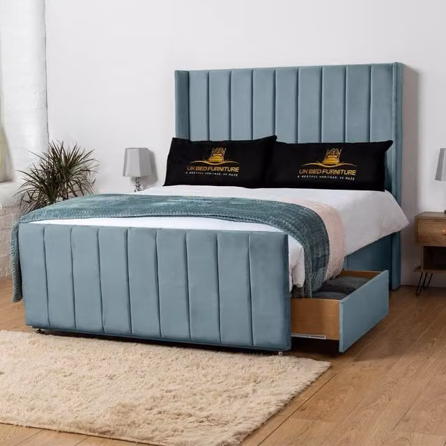 UK Bed Furniture Seoul Wingback Divan Bed with 54 Inch Headboard and 2 Drawers in Light Blue, Double, W/D/H: 140 x 200 cm