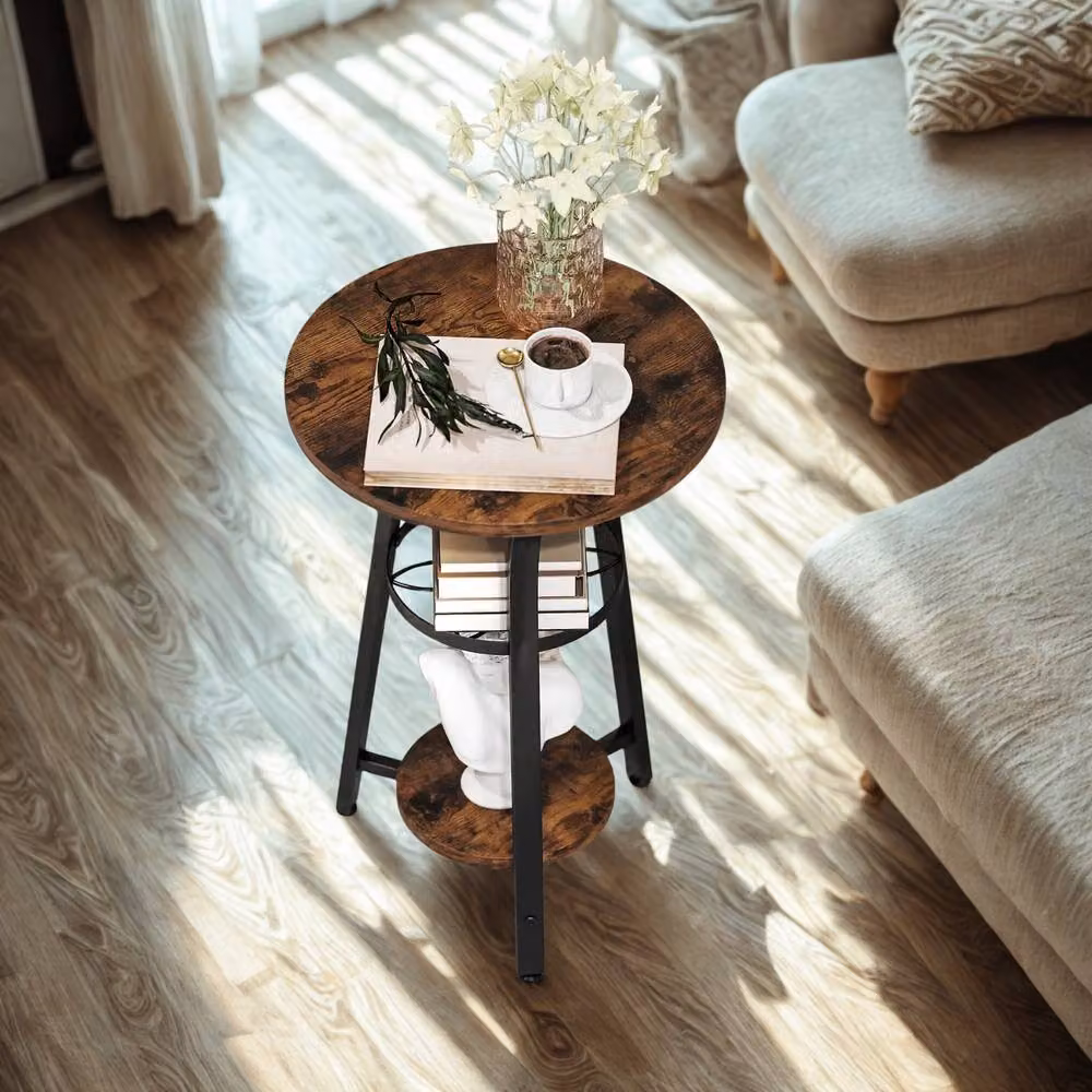 FURNOS 3 Tier Round Small Side End Table in Brown and Black, W/D/H: 38 x 38 x 56.5 cm – 2
