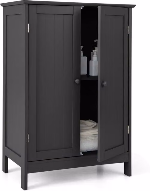 Costway Black Wooden Freestanding Bathroom Floor Cabinet with Hinged Doors and Adjustable Internal Shelves – 1