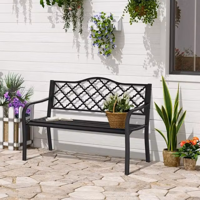 Outsunny Antique 2-Seater Metal Outdoor Garden Bench in Black