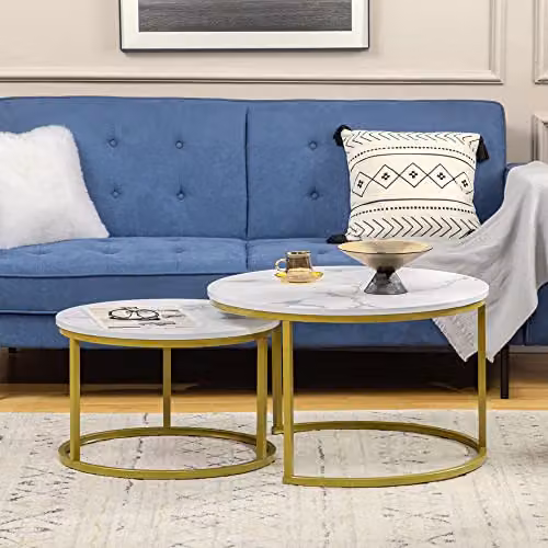 HOMCOM Set of 2 Round Nest of Tables with White Glossy Tops and Gold Metal Frame – 4