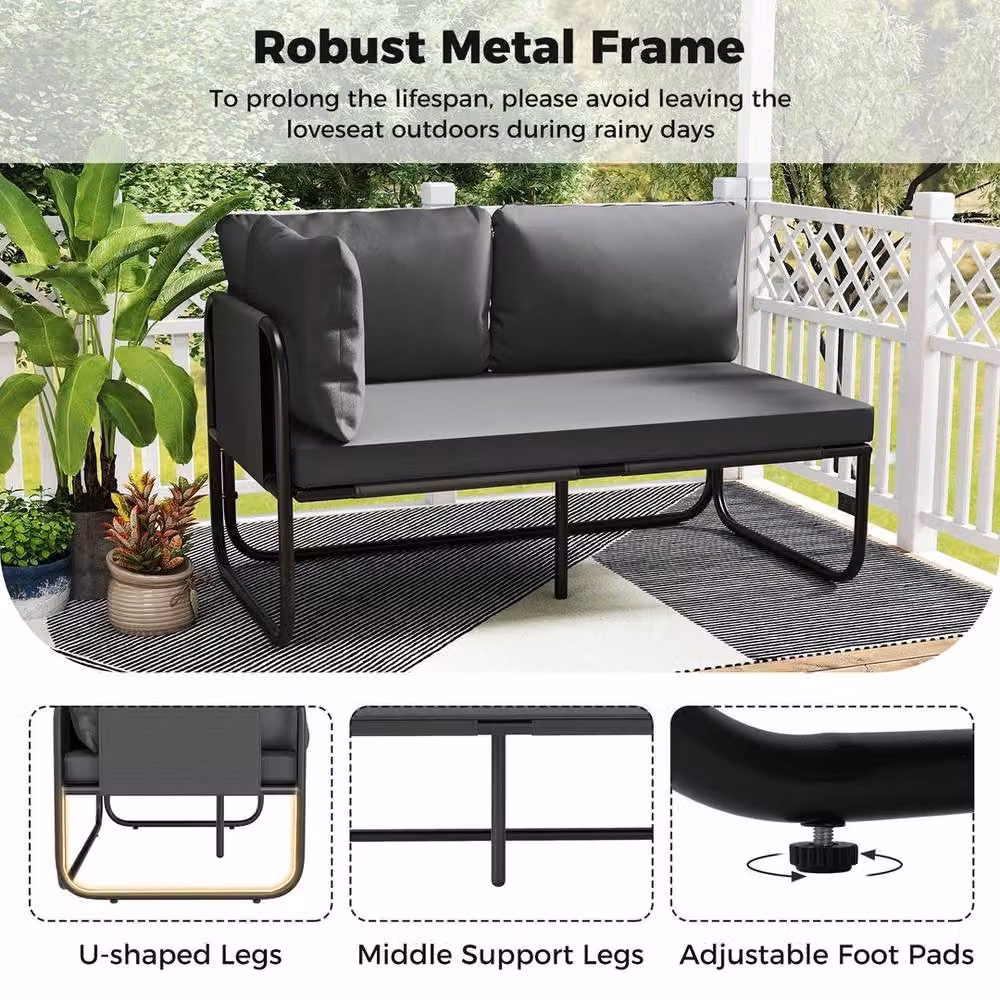 SPETLEK Grey Upholstered Patio Loveseat with Removable Fabric Cushions and Metal Frame – 4
