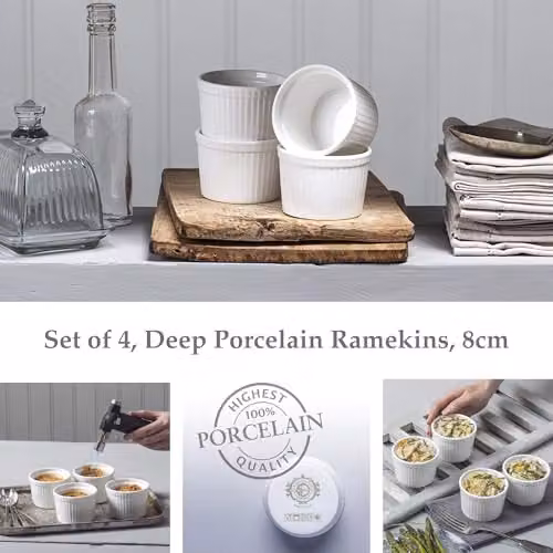 WM Bartleet & Sons Porcelain Deep Ramekins with Lids, White, Set of 4, Diameter: 8 cm – 3