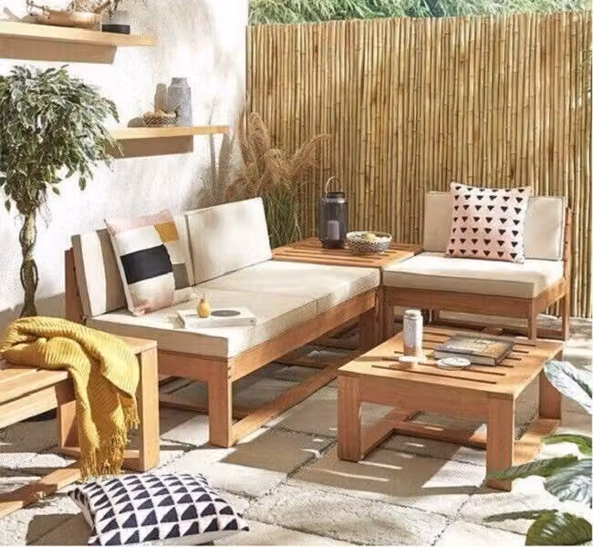 Seville L-Shape Corner Sofa Set with Outdoor Coffee Table and Beige Fabric Cushions in Natural Treated Hardwood