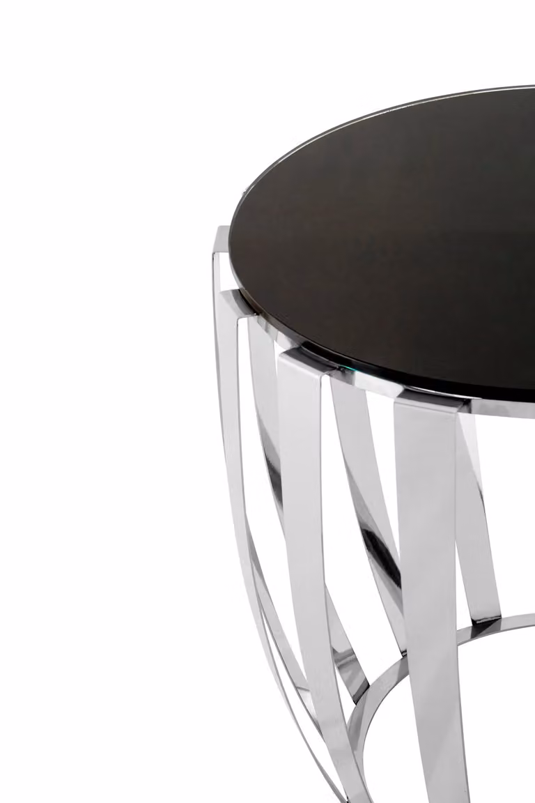 Orsina Modern Round Bedside Table with Black Glass Top and Silver Finish, W/D/H: 50 x 50 x 54 cm
