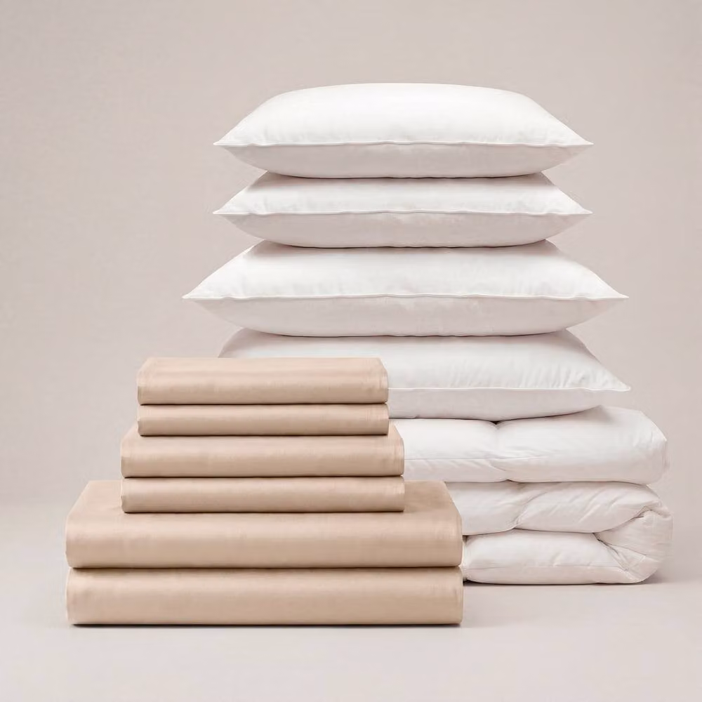 Bedable 100% Cotton Sateen Double Bedding Bundle in Beige, including Duvet Cover, Fitted Sheet, 4 Pillowcases, Duvet and 4 Pillows – 2