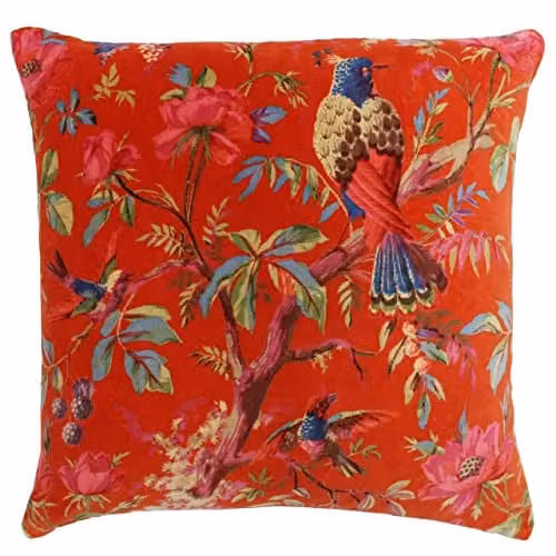 Paoletti Paradise Floral Square Cushion, Orange and Red, Cotton and Polyester Filled