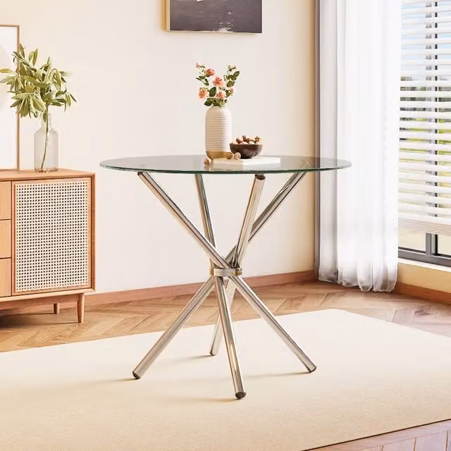 Livingandhome Modern Round Dining Table with Transparent Tempered Glass and White X-Frame Metal Base