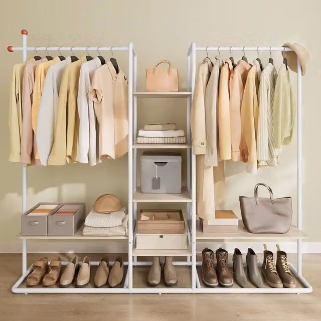 The Bazaarist Double Rail Garment Rack with Storage Shelves and Shoe Rack, Beige and White – 1